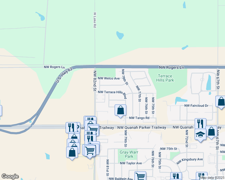map of restaurants, bars, coffee shops, grocery stores, and more near 7919 Northwest Terrace Hills Boulevard in Lawton