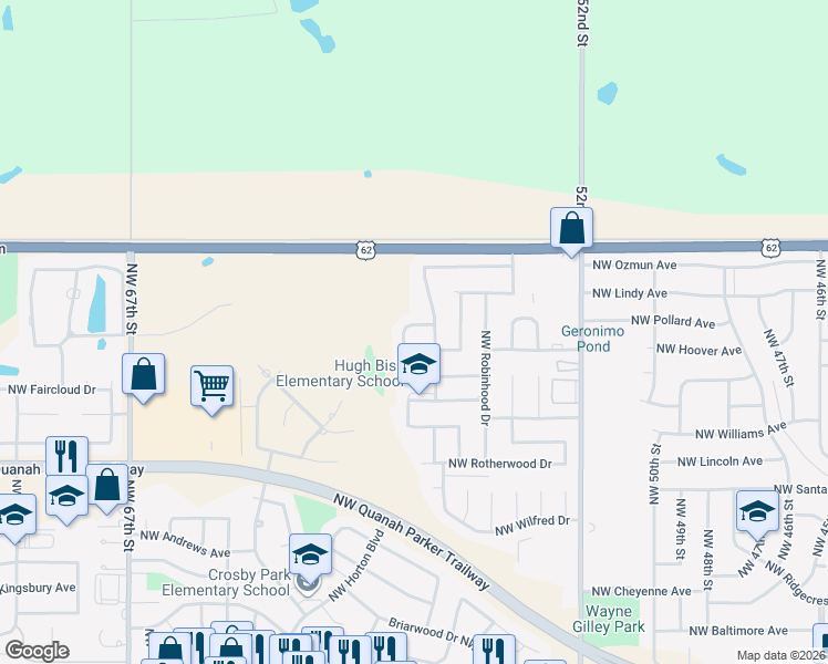 map of restaurants, bars, coffee shops, grocery stores, and more near 5701 Northwest Lady Marna Avenue in Lawton