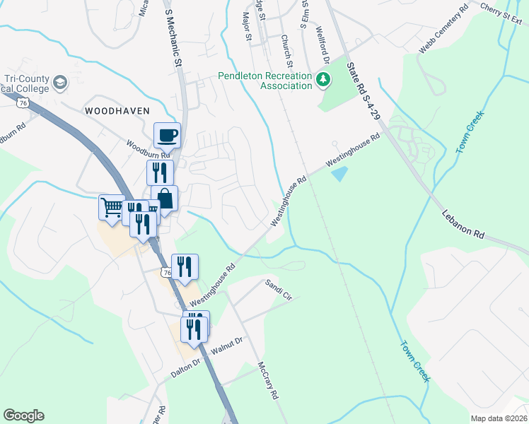 map of restaurants, bars, coffee shops, grocery stores, and more near 300 Sliding Rock Drive in Pendleton