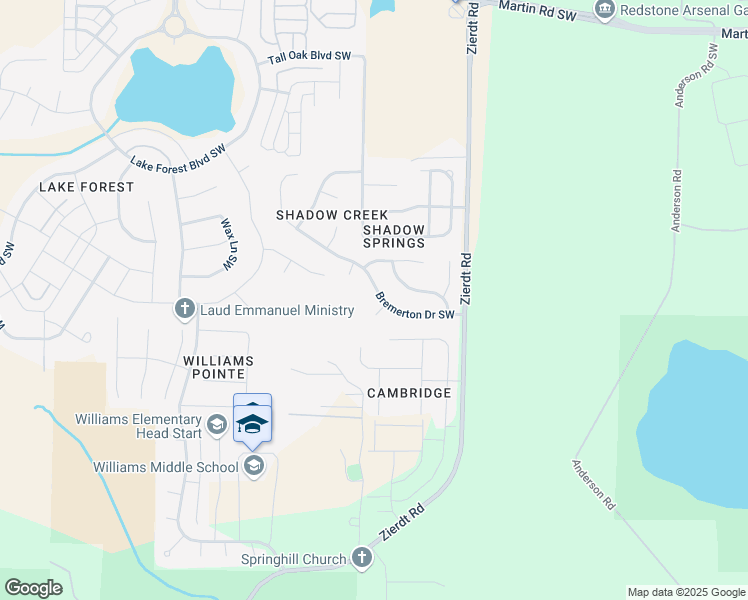 map of restaurants, bars, coffee shops, grocery stores, and more near 131 Bremerton Court Southwest in Huntsville