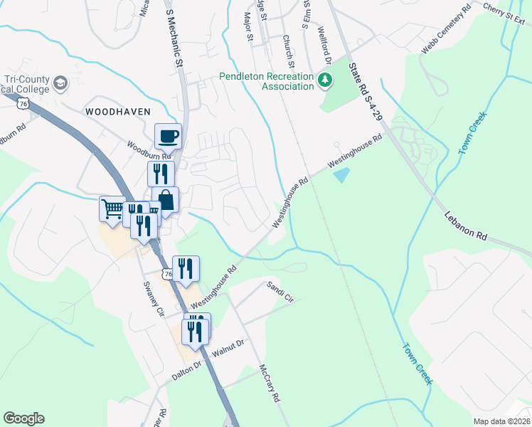 map of restaurants, bars, coffee shops, grocery stores, and more near 300 Sliding Rock Drive in Pendleton