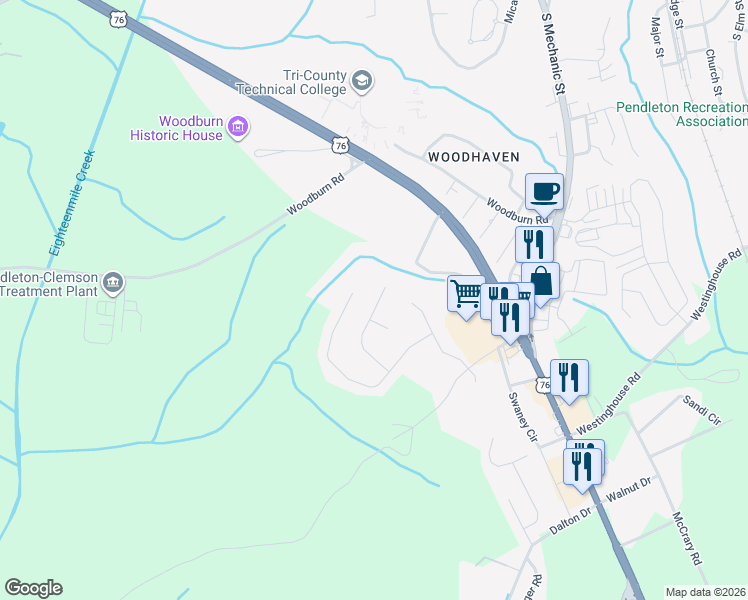 map of restaurants, bars, coffee shops, grocery stores, and more near 106 Hillandale Road in Pendleton