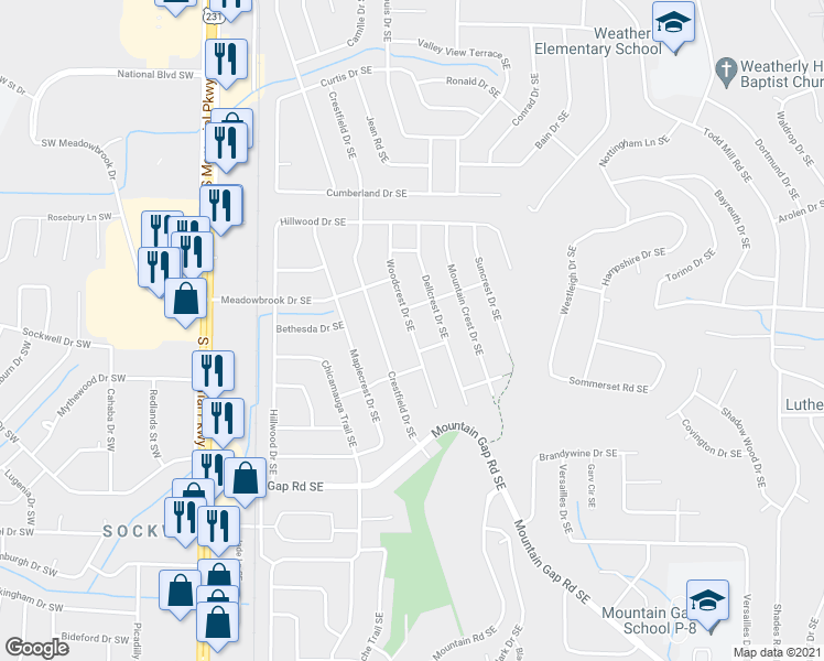 map of restaurants, bars, coffee shops, grocery stores, and more near 11320 Woodcrest Drive Southeast in Huntsville