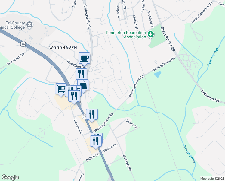 map of restaurants, bars, coffee shops, grocery stores, and more near 300 Westinghouse Road in Pendleton