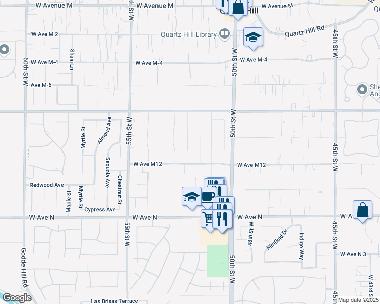 map of restaurants, bars, coffee shops, grocery stores, and more near 5161 West Avenue M12 in Lancaster