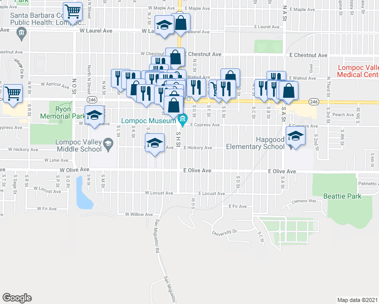map of restaurants, bars, coffee shops, grocery stores, and more near 305 South G Street in Lompoc