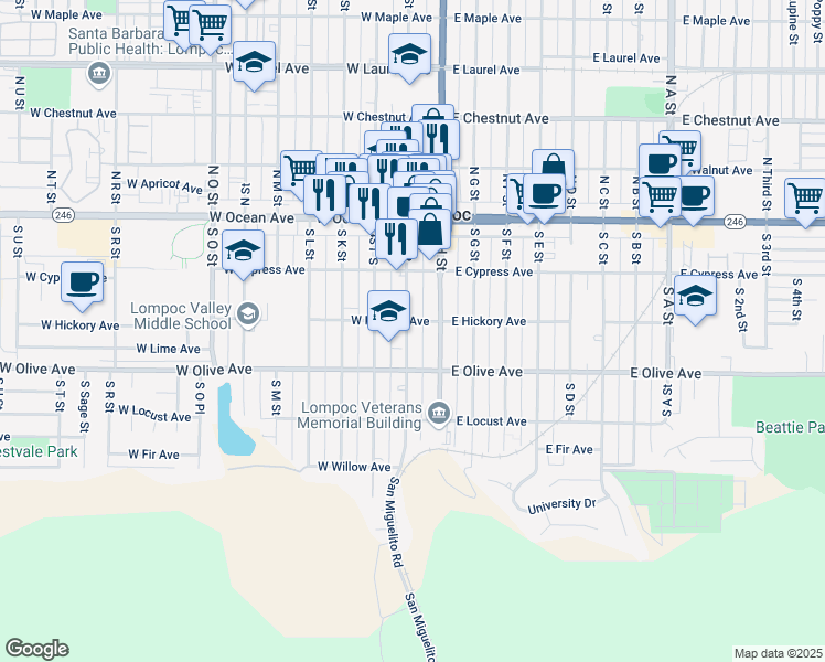 map of restaurants, bars, coffee shops, grocery stores, and more near 320 South I Street in Lompoc