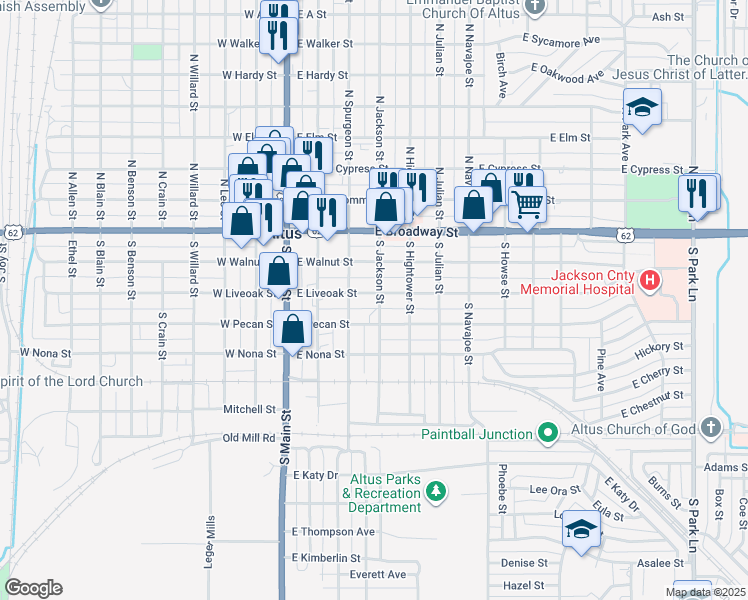 map of restaurants, bars, coffee shops, grocery stores, and more near 320 East Liveoak Street in Altus