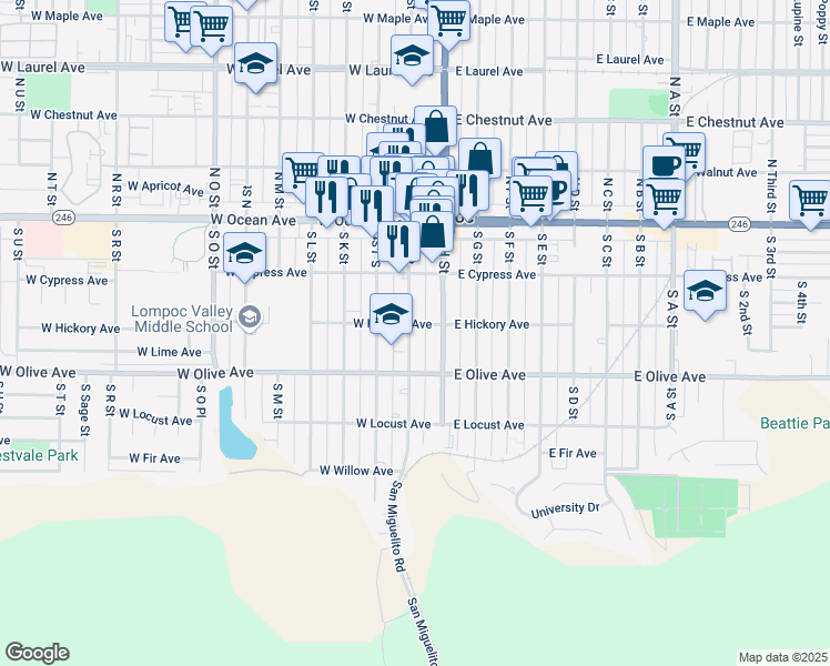 map of restaurants, bars, coffee shops, grocery stores, and more near 320 South I Street in Lompoc