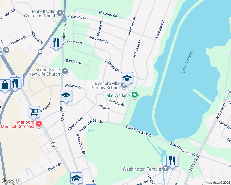 map of restaurants, bars, coffee shops, grocery stores, and more near 503-599 Sewanee Street in Bennettsville