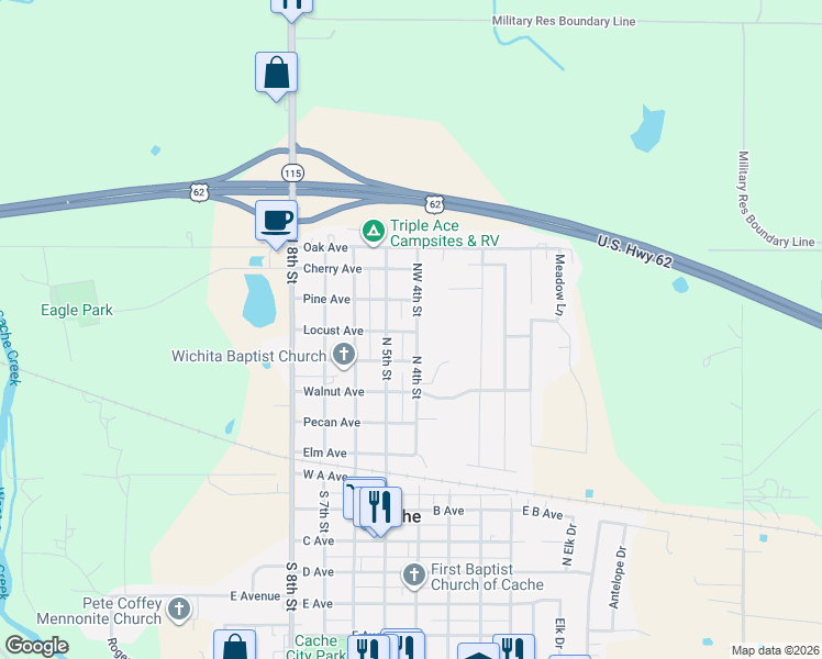 map of restaurants, bars, coffee shops, grocery stores, and more near 401 Ash Avenue in Cache