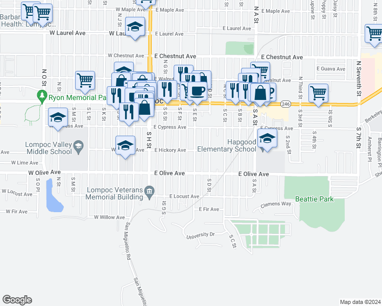 map of restaurants, bars, coffee shops, grocery stores, and more near 301 South E Street in Lompoc