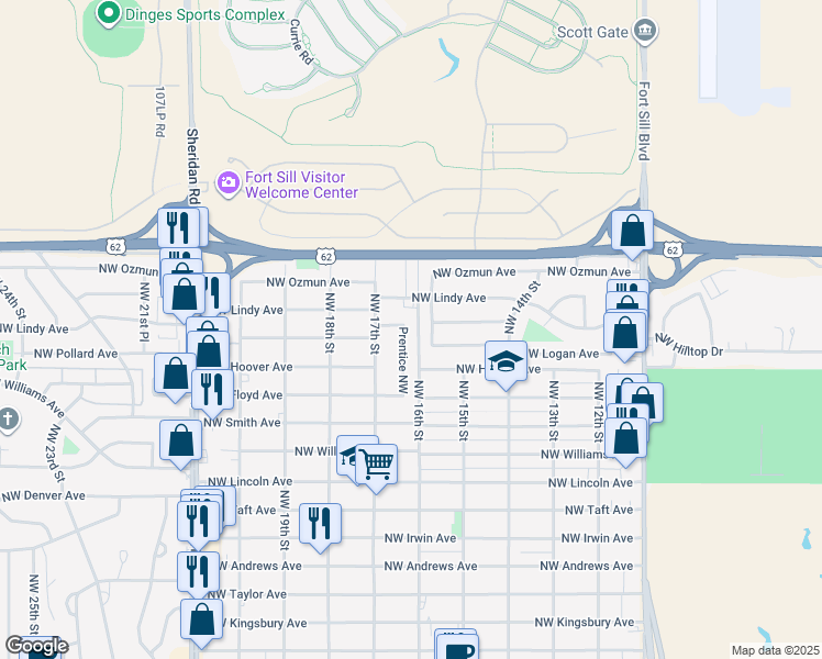 map of restaurants, bars, coffee shops, grocery stores, and more near 2533 Prentice Northwest in Lawton