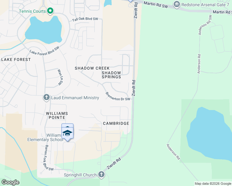 map of restaurants, bars, coffee shops, grocery stores, and more near 115 Wallhaven Drive Southwest in Huntsville