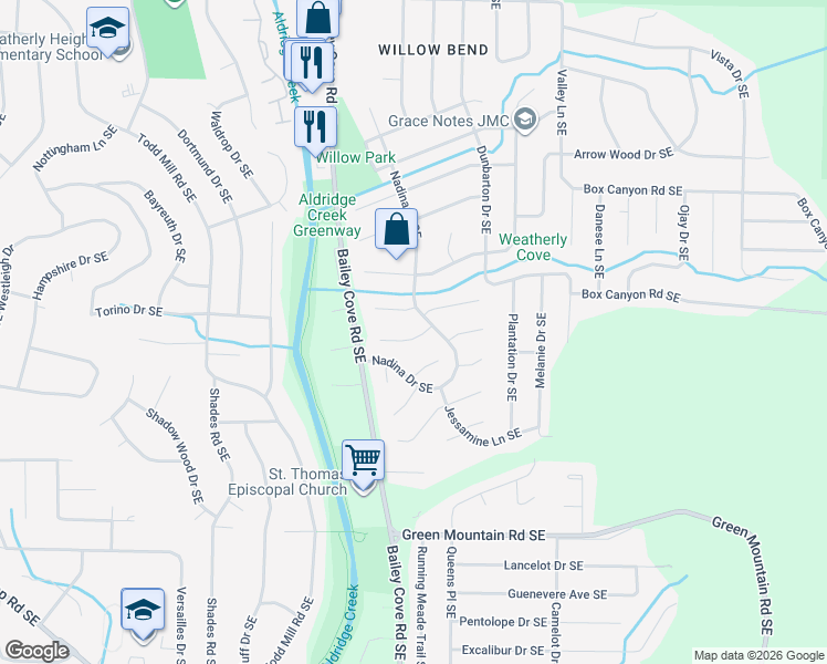 map of restaurants, bars, coffee shops, grocery stores, and more near 1912 Waxleaf Green Southeast in Huntsville