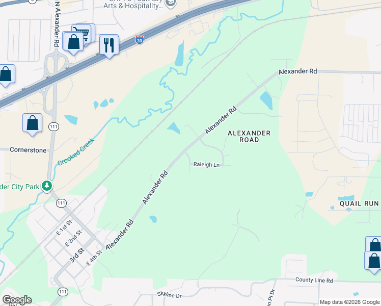 map of restaurants, bars, coffee shops, grocery stores, and more near 3 Savannah Lane in Alexander