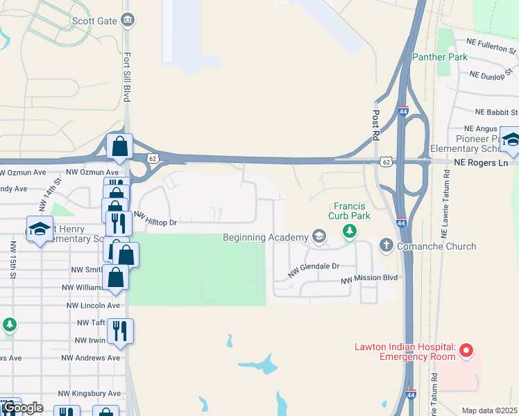 map of restaurants, bars, coffee shops, grocery stores, and more near 2709 Northwest Hilltop Drive in Lawton