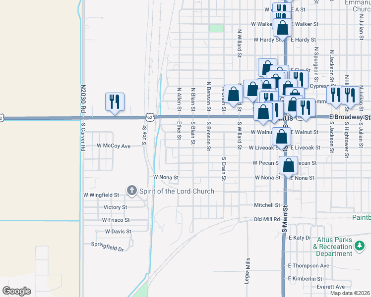 map of restaurants, bars, coffee shops, grocery stores, and more near 705 West Pecan Street in Altus