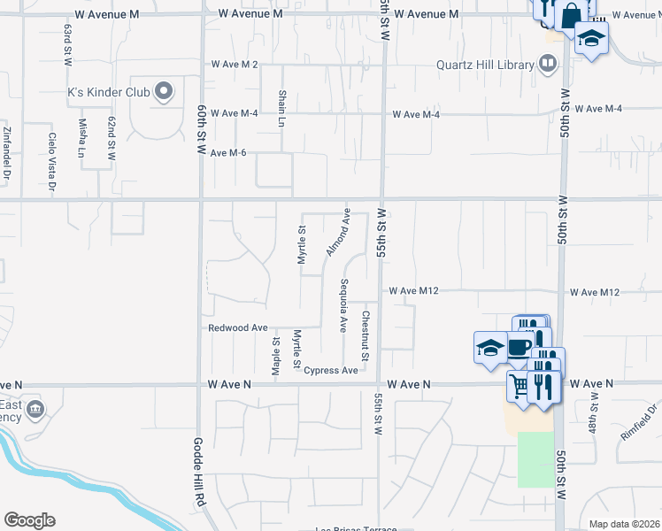 map of restaurants, bars, coffee shops, grocery stores, and more near 41438 Almond Avenue in Palmdale