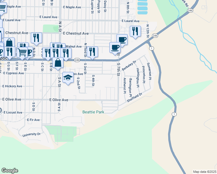 map of restaurants, bars, coffee shops, grocery stores, and more near 1300 East Hickory Avenue in Lompoc