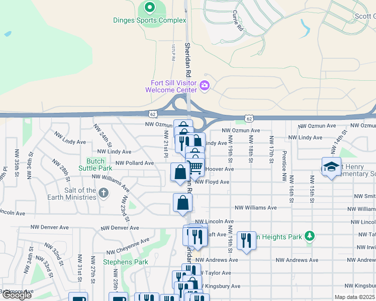 map of restaurants, bars, coffee shops, grocery stores, and more near 2102 Northwest Lindy Avenue in Lawton