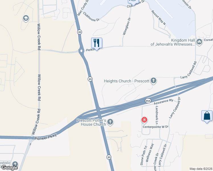 map of restaurants, bars, coffee shops, grocery stores, and more near 5643 Hole in 1 Drive in Prescott