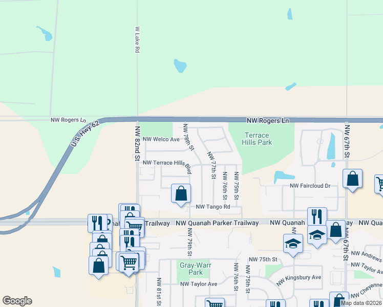map of restaurants, bars, coffee shops, grocery stores, and more near 2602 Northwest 78th Street in Lawton