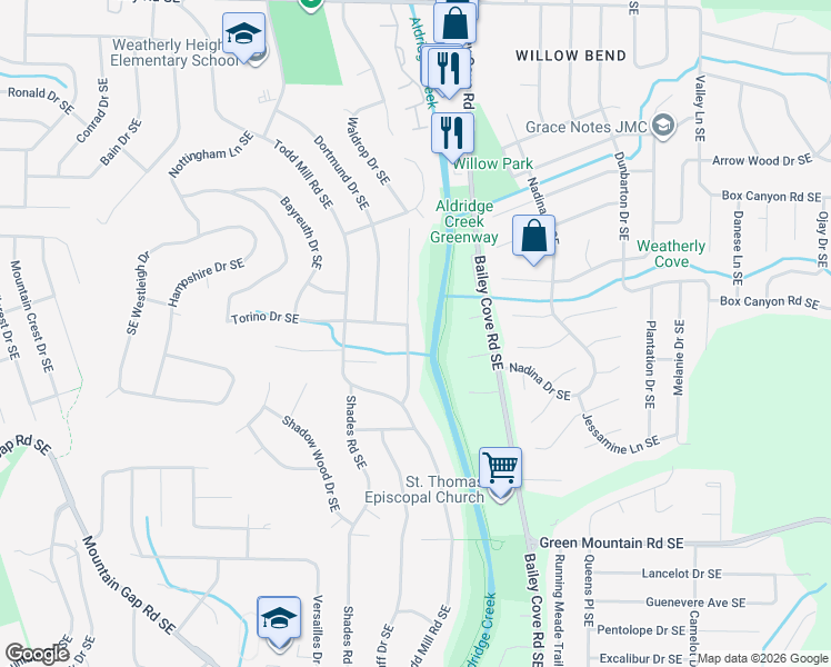 map of restaurants, bars, coffee shops, grocery stores, and more near 9741 Wallwood Drive Southeast in Huntsville