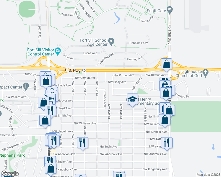map of restaurants, bars, coffee shops, grocery stores, and more near 2710 Northwest 16th Street in Lawton