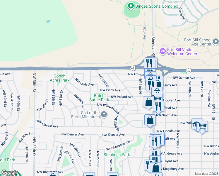 map of restaurants, bars, coffee shops, grocery stores, and more near 2801 Northwest 24th Street in Lawton