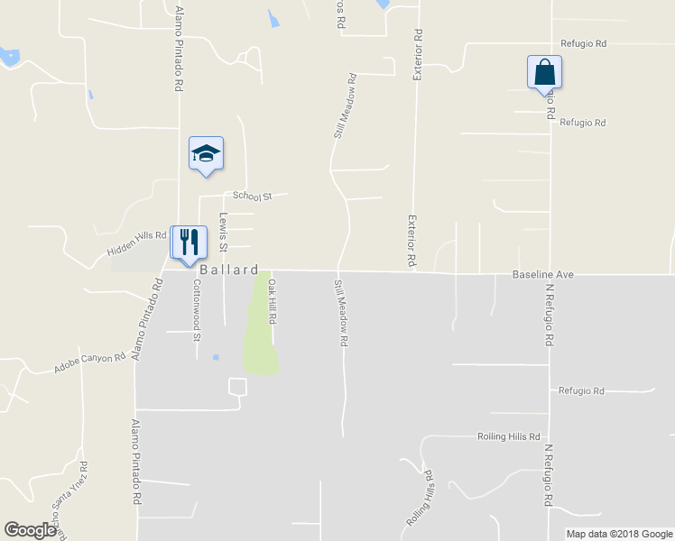 map of restaurants, bars, coffee shops, grocery stores, and more near Baseline Avenue & Still Meadow Road in Solvang