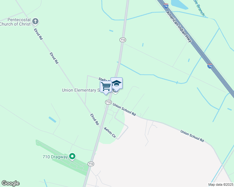 map of restaurants, bars, coffee shops, grocery stores, and more near 2547 North Carolina 710 in Rowland