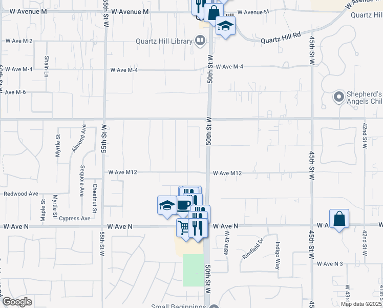 map of restaurants, bars, coffee shops, grocery stores, and more near 2 51st Street West in Quartz Hill