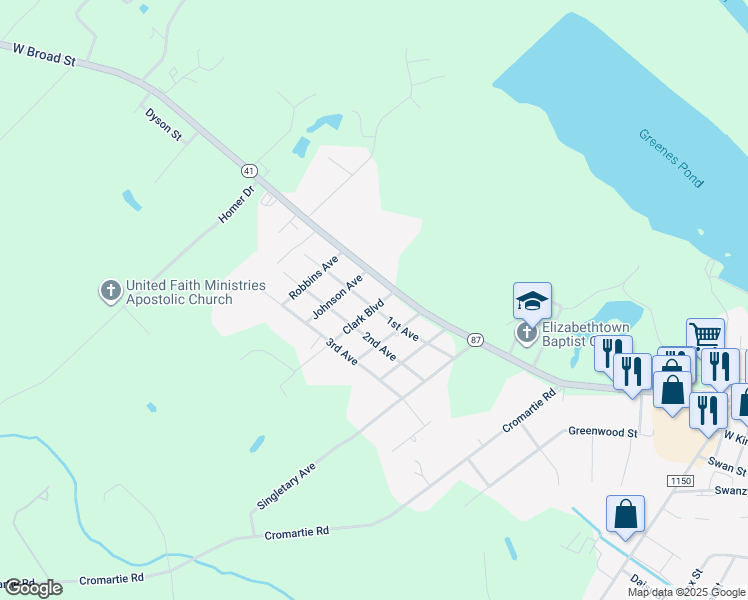 map of restaurants, bars, coffee shops, grocery stores, and more near 104 Clark Boulevard in Elizabethtown