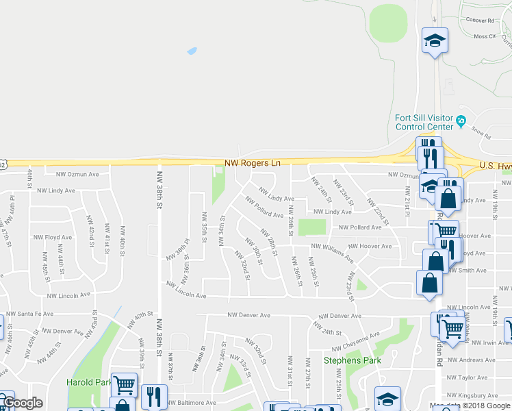 map of restaurants, bars, coffee shops, grocery stores, and more near 2624 Northwest Pollard Avenue in Lawton