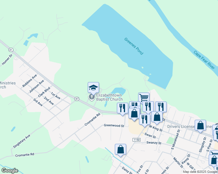 map of restaurants, bars, coffee shops, grocery stores, and more near 369 Greene Street in Elizabethtown