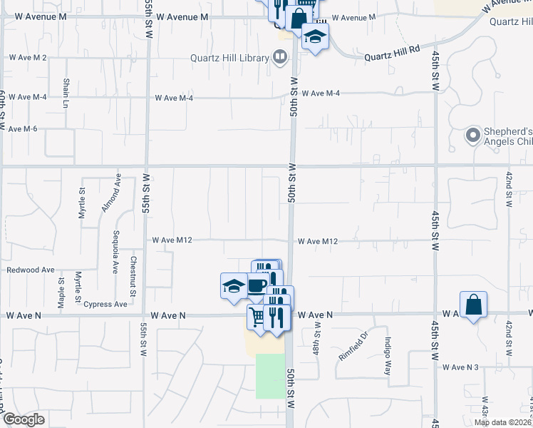 map of restaurants, bars, coffee shops, grocery stores, and more near 41444 51st Street West in Quartz Hill