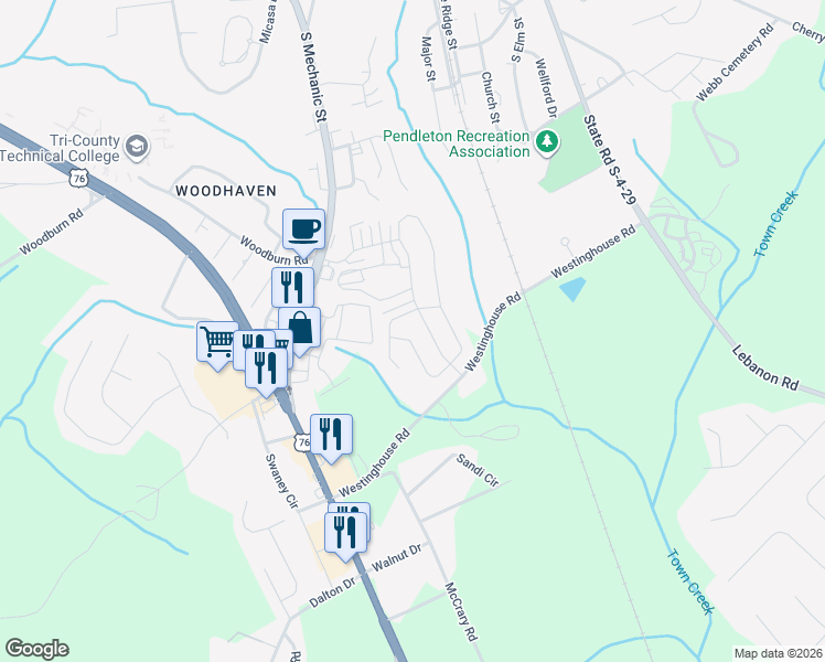 map of restaurants, bars, coffee shops, grocery stores, and more near 321 Sliding Rock Drive in Pendleton