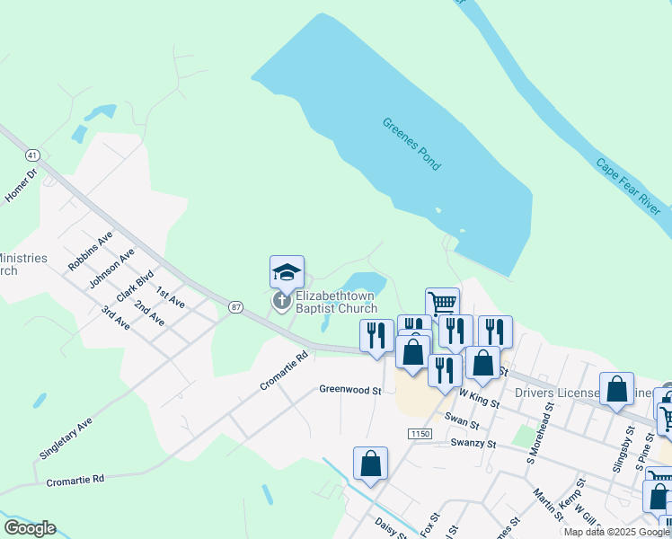 map of restaurants, bars, coffee shops, grocery stores, and more near 373 Greene Street in Elizabethtown