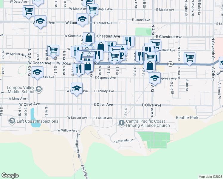 map of restaurants, bars, coffee shops, grocery stores, and more near 223 South E Street in Lompoc