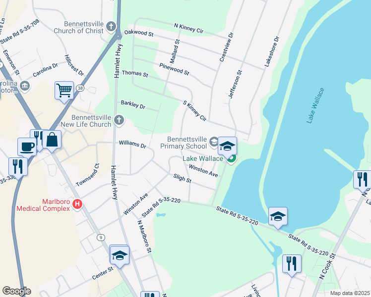 map of restaurants, bars, coffee shops, grocery stores, and more near 404 Thomas Street in Bennettsville