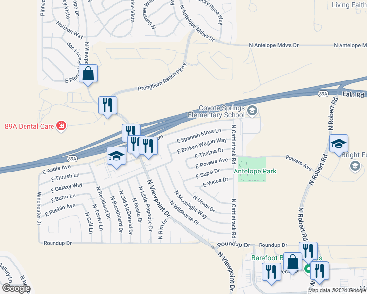 map of restaurants, bars, coffee shops, grocery stores, and more near 7700 East Broken Wagon Way in Prescott Valley