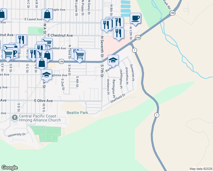 map of restaurants, bars, coffee shops, grocery stores, and more near 225 Amherst Place in Lompoc