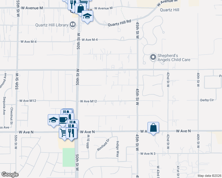 map of restaurants, bars, coffee shops, grocery stores, and more near 4648 West Avenue M10 in Quartz Hill