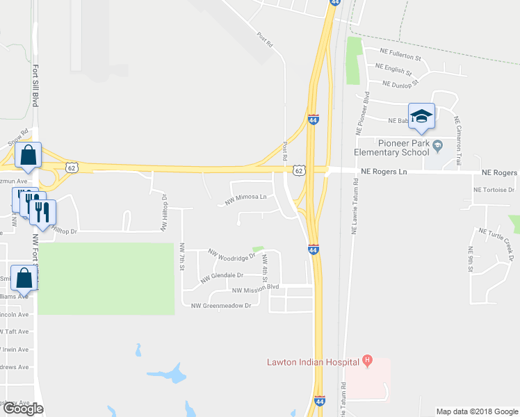map of restaurants, bars, coffee shops, grocery stores, and more near 209 Northwest Mockingbird Road in Lawton