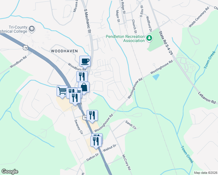 map of restaurants, bars, coffee shops, grocery stores, and more near 321 Sliding Rock Drive in Pendleton