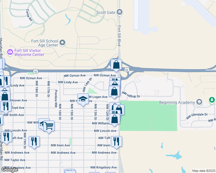 map of restaurants, bars, coffee shops, grocery stores, and more near 2820 Mobley Street Northwest in Lawton