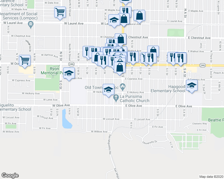 map of restaurants, bars, coffee shops, grocery stores, and more near 233 South I Street in Lompoc