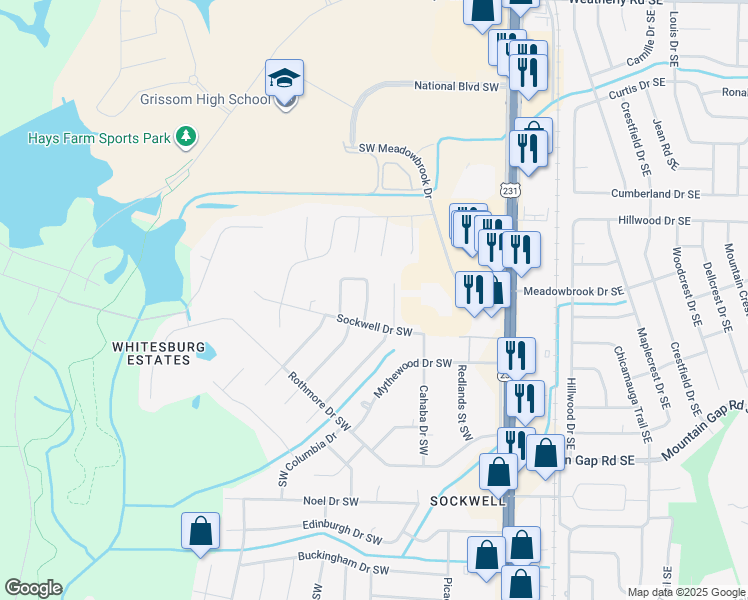 map of restaurants, bars, coffee shops, grocery stores, and more near 1922 Edenton Drive Southwest in Huntsville