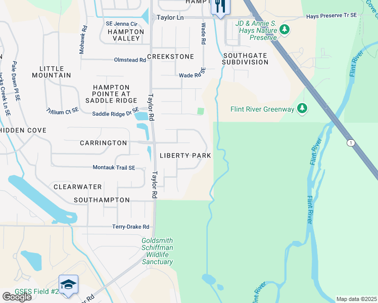 map of restaurants, bars, coffee shops, grocery stores, and more near 5018 Liberty Park Circle Southeast in Owens Cross Roads